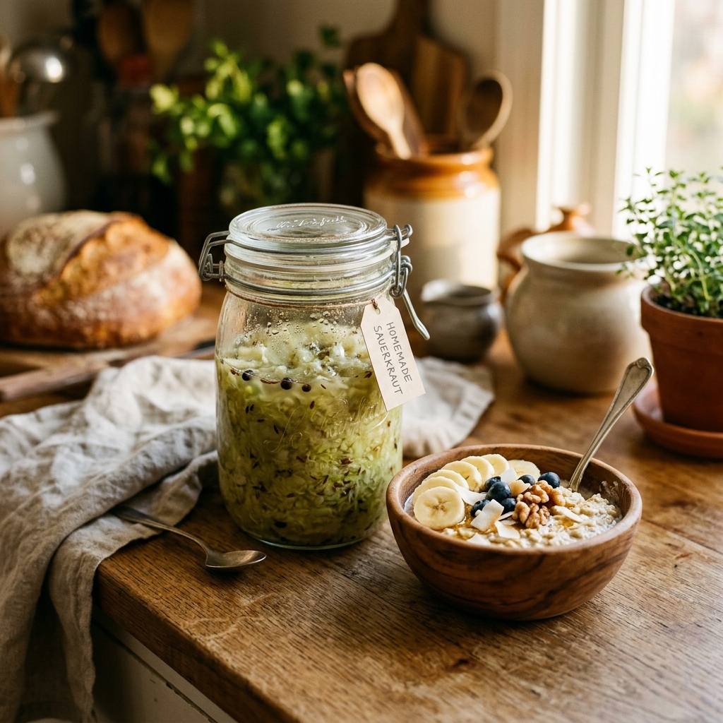 A jar of fermented sauerkraut and a bowl of overnight oats with bananas, representing probiotics and prebiotics in phase 2.