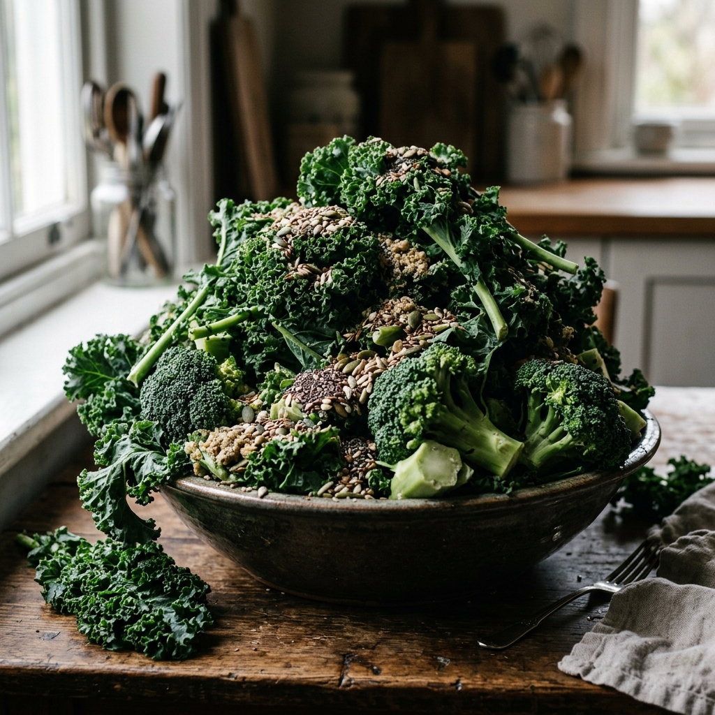 A massive bowl of raw kale and broccoli, representing the healthy salad trap that causes bloating.