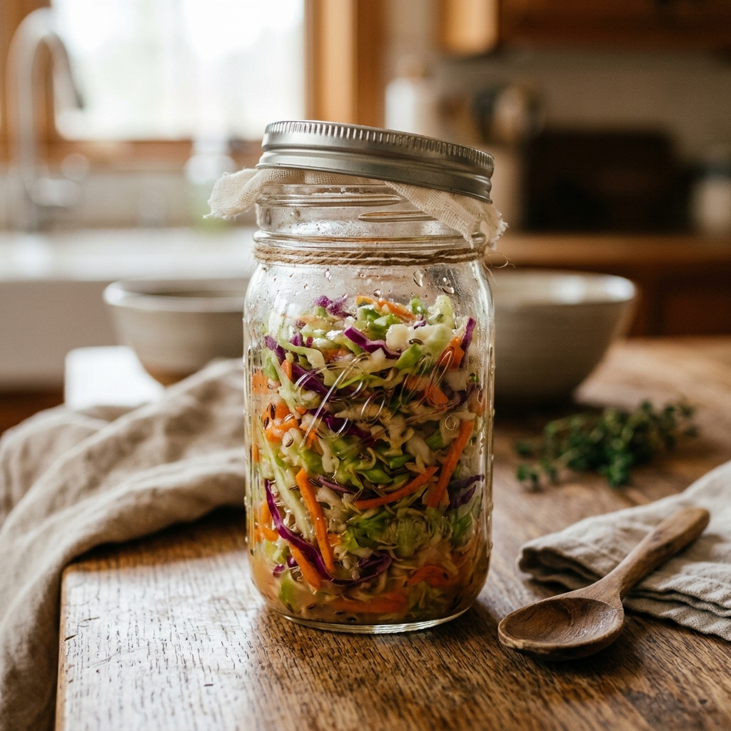 A rustic mason jar filled with homemade sauerkraut, representing living probiotics for the gut.