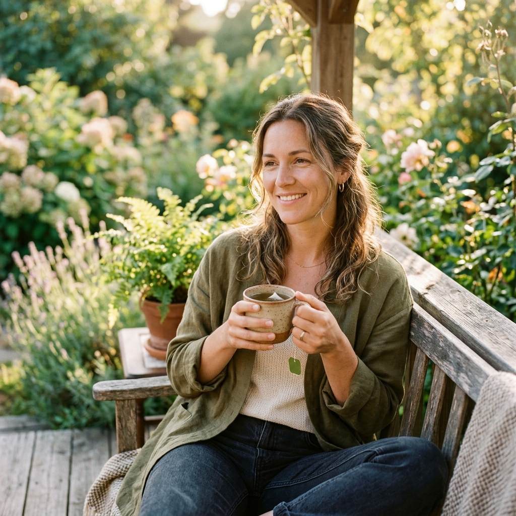 A serene woman sitting outdoors with herbal tea, representing a healthy gut-brain connection and mood support.