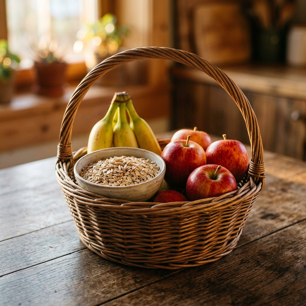 A woven basket filled with oats, bananas, and apples, representing prebiotic foods for the gut microbiome.