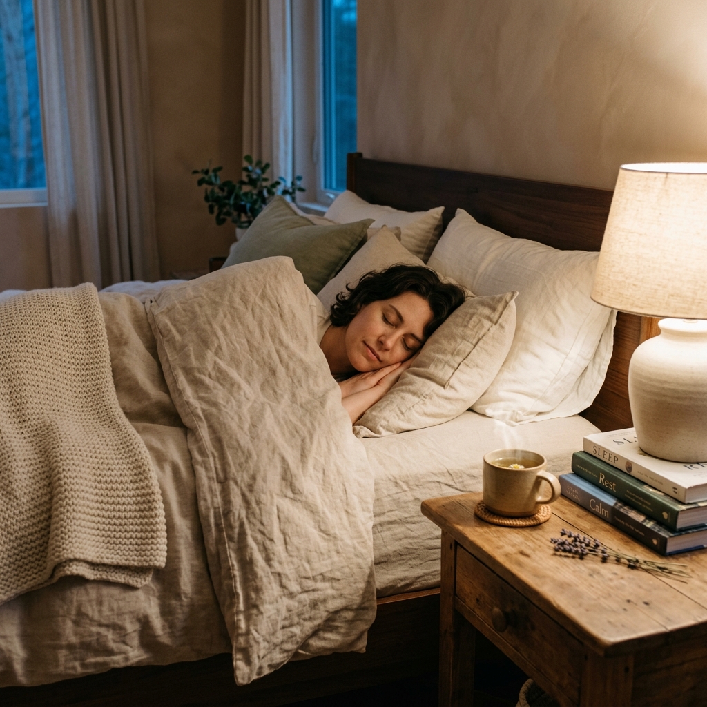 A cozy, dimly lit bedroom scene with chamomile tea, representing the importance of sleep for the gut microbiome.