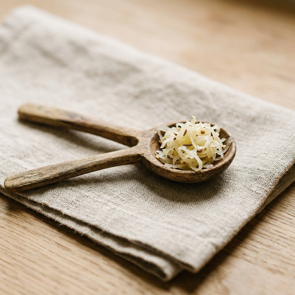 Half a teaspoon of sauerkraut on a wooden spoon