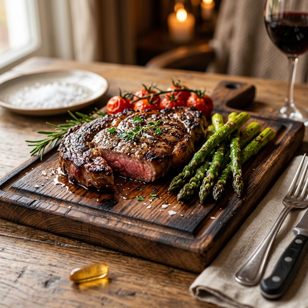 A thick grilled ribeye steak with a digestive enzyme capsule nearby