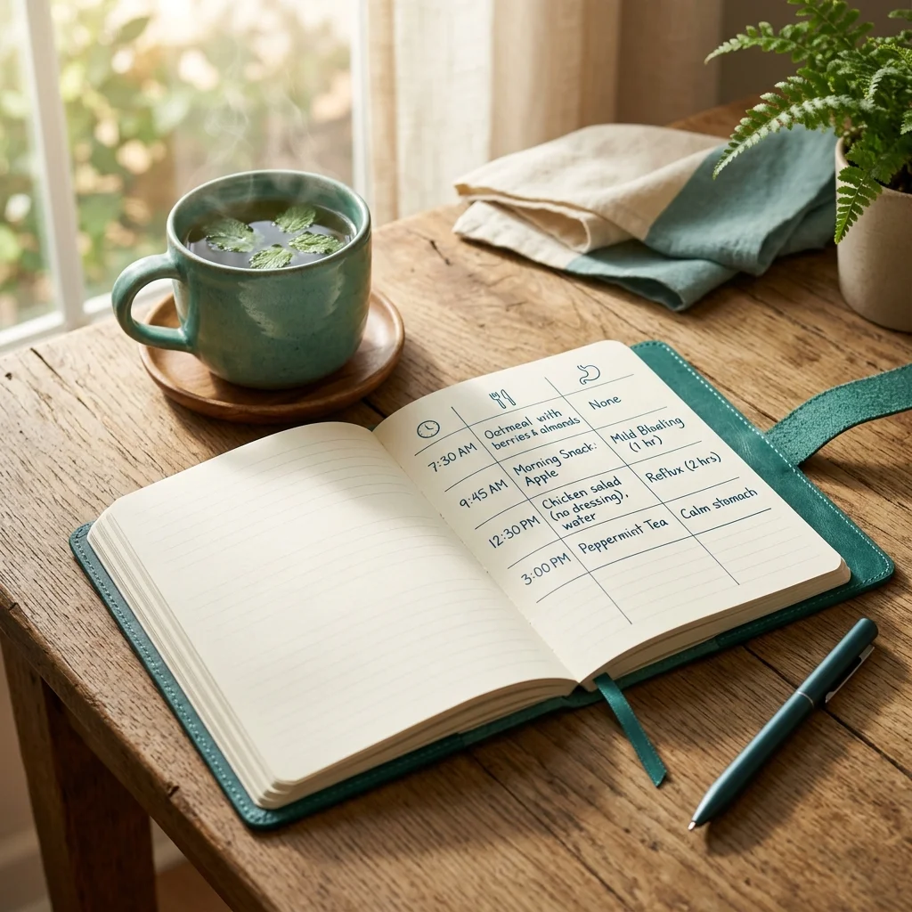 Food symptom diary journal open on a table next to peppermint tea
