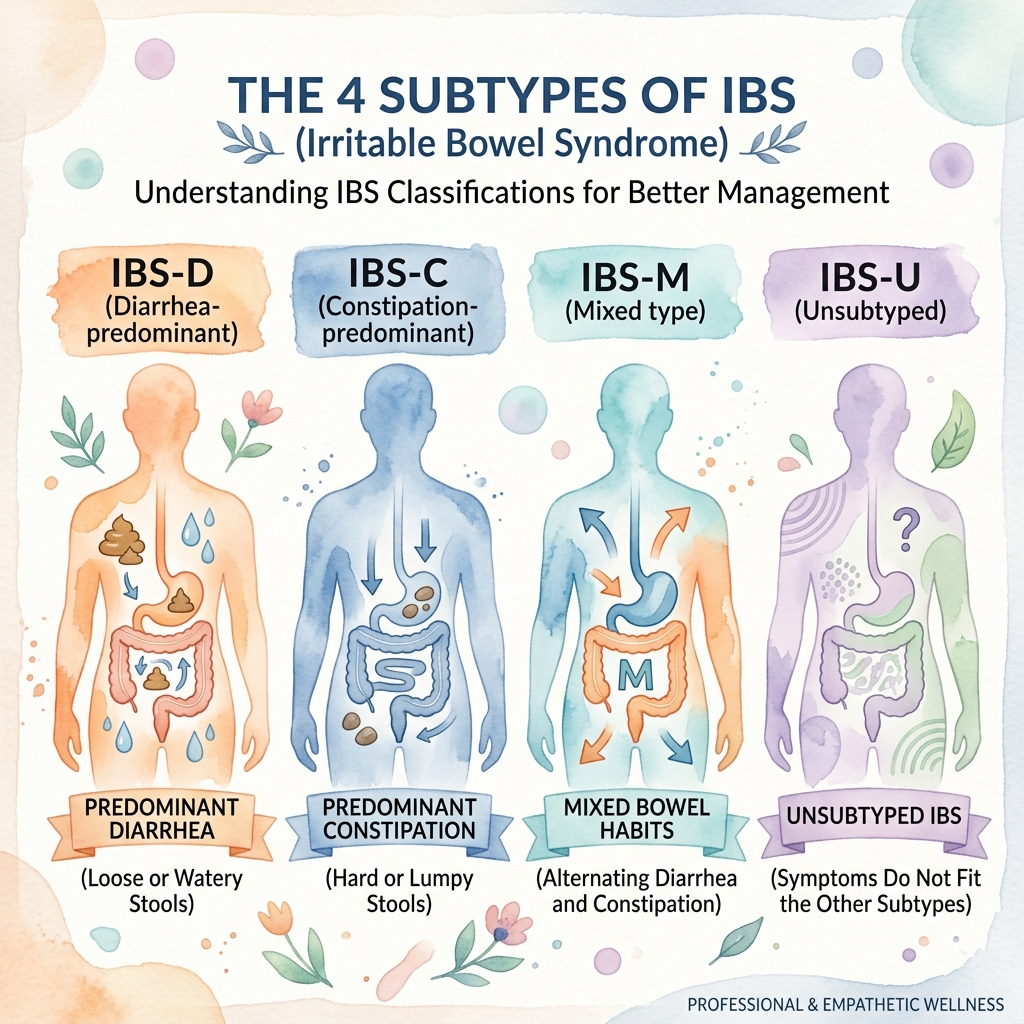 Four abstract silhouettes representing the 4 subtypes of IBS