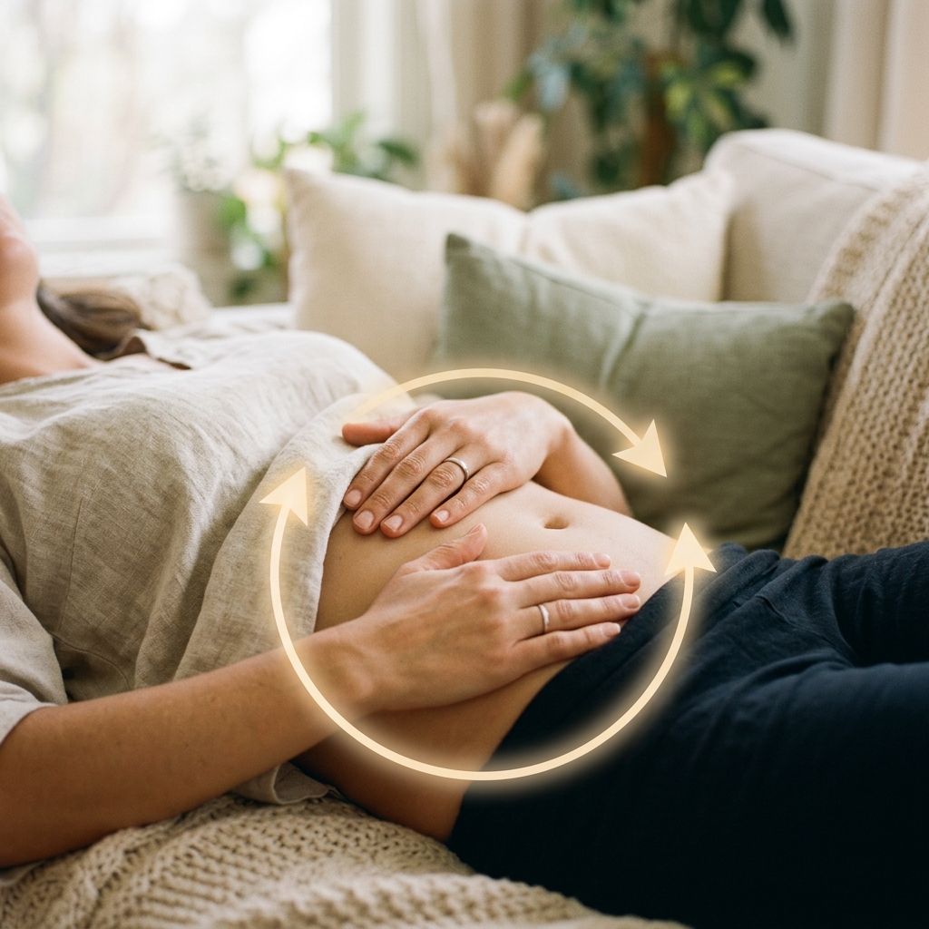 Hands resting on a stomach with a subtle clockwise circular arrow indicating the ILU abdominal massage path for digestion.