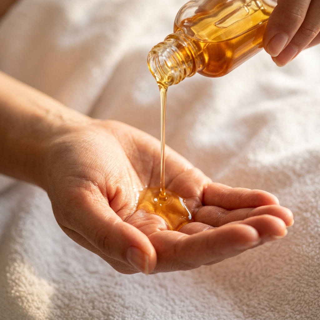 Golden massage oil being poured into a hand, essential for reducing skin friction and creating soothing warmth during a stomach massage.