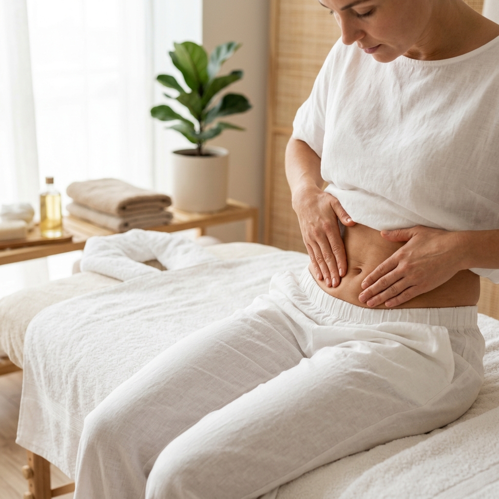 A woman applying downward pressure on her lower left abdomen to clear the descending colon during step 1 of the ILU massage.