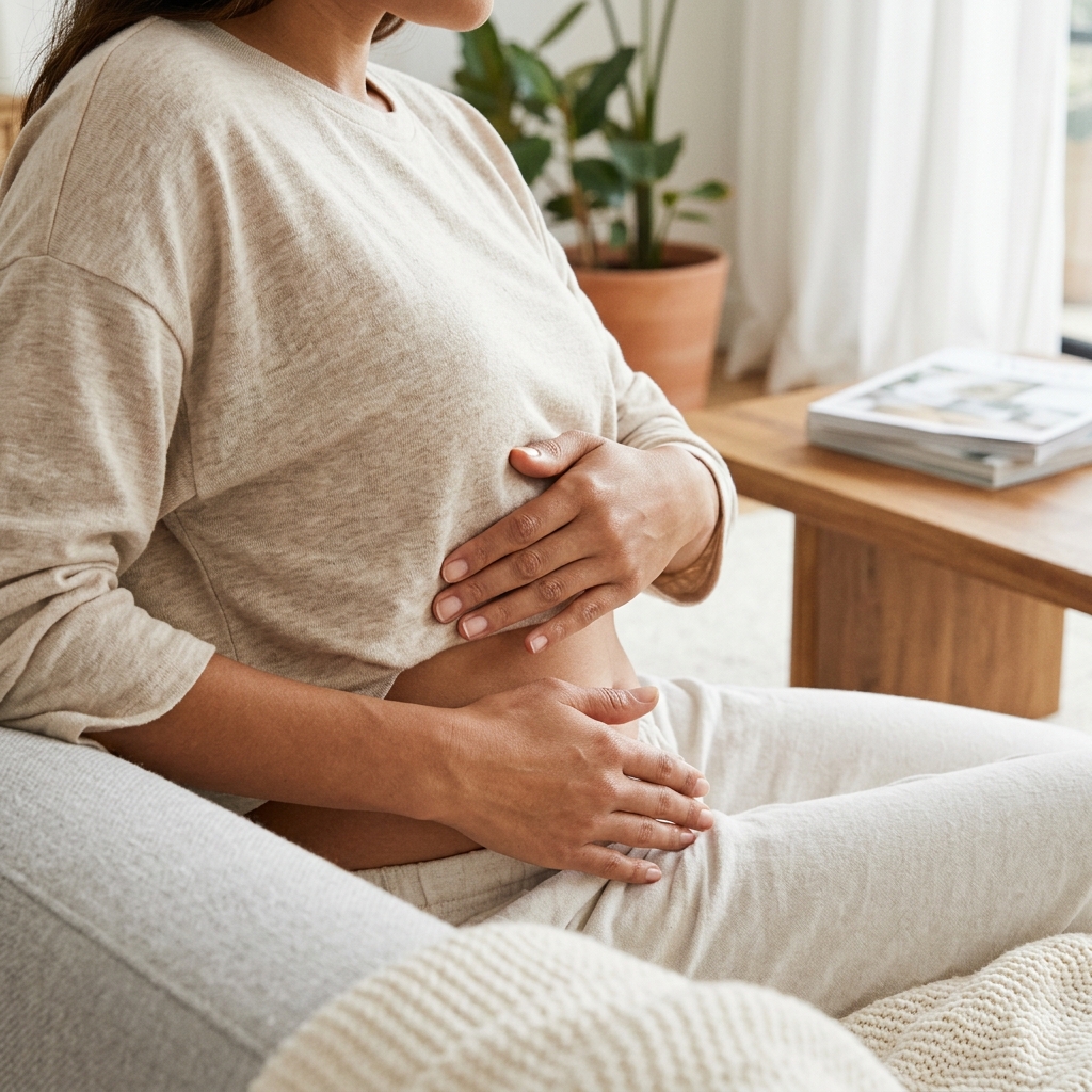 A woman gliding her hands horizontally across her upper abdomen, moving stool from the transverse colon during step 2 of the ILU massage.