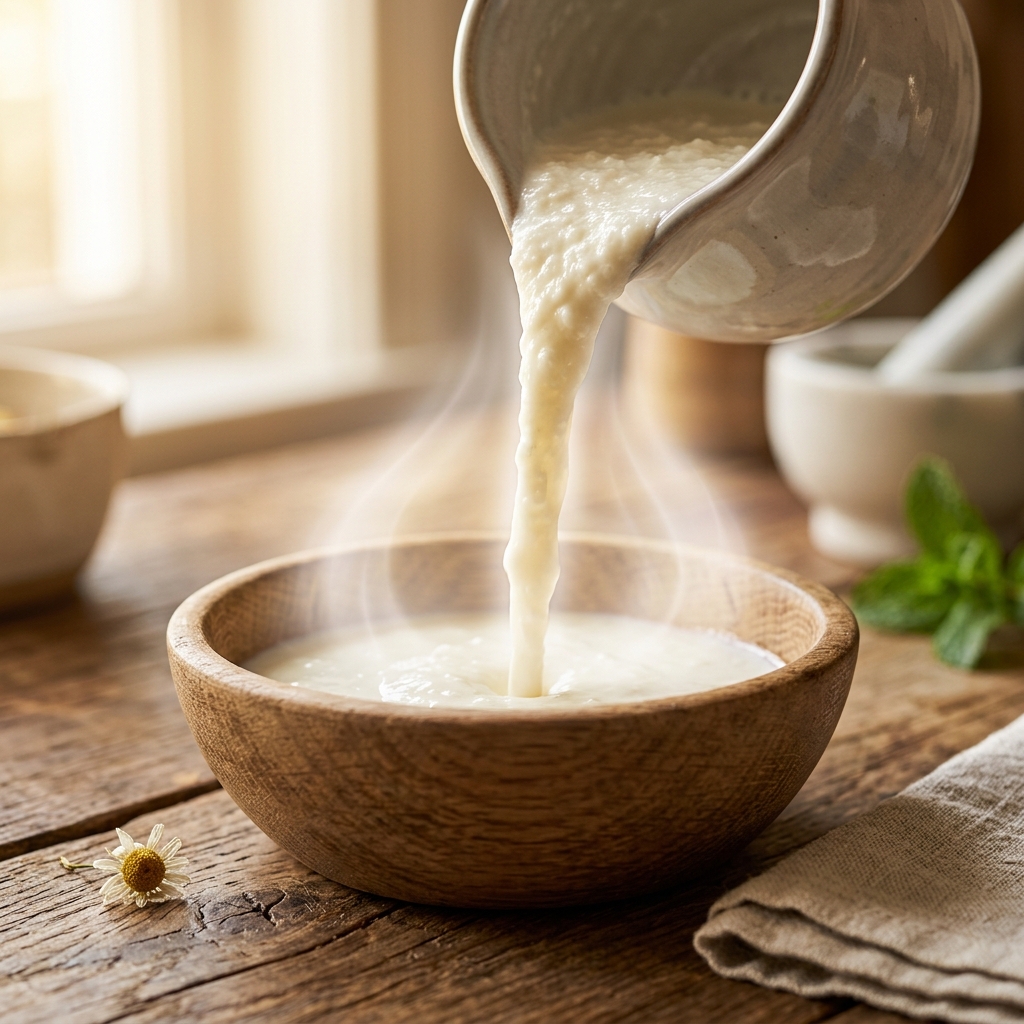 Thick, creamy milk kefir being poured into a rustic wooden bowl, with a soft, glowing, soothing aura.