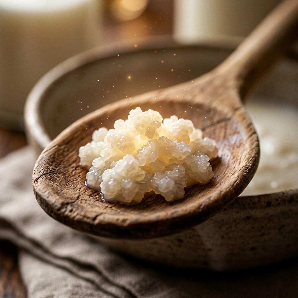 Macro shot of natural kefir grains on a wooden spoon, representing live active cultures