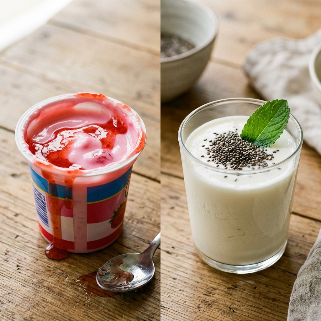 Split screen comparing a sugary strawberry yogurt cup with a clean glass of plain kefir