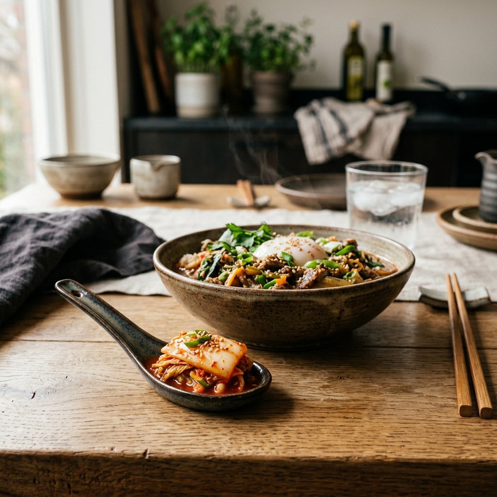 A spoonful of spicy fermented kimchi rich in lactic acid bacteria
