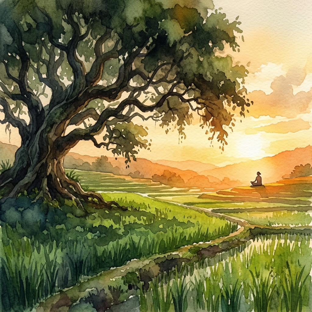 Massive ancient tree (Liver/Wood) casting shadow over green rice field (Spleen/Earth), person meditating at sunset