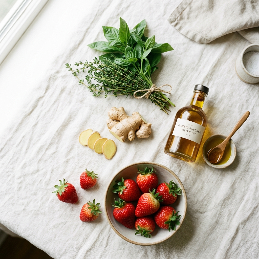 A highly aesthetic, minimalist flat lay of low FODMAP ingredients including fresh herbs, ginger, garlic-infused olive oil, and ripe strawberries.