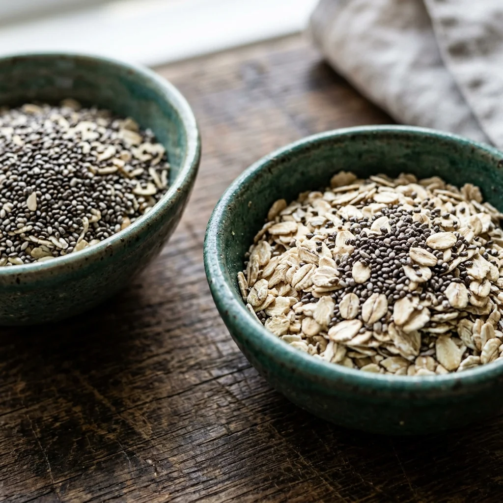 Close up of dry rolled oats and chia seeds in rustic ceramic bowls