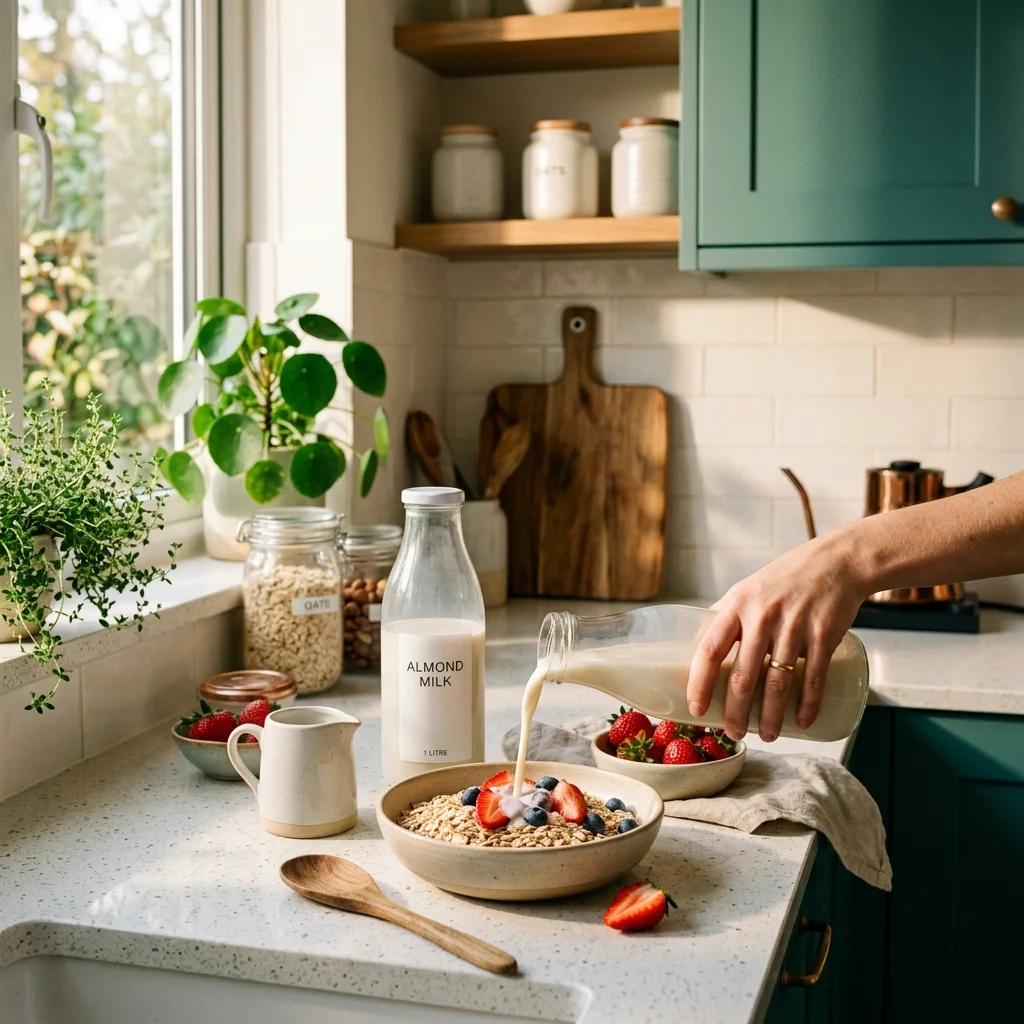Modern kitchen counter with low FODMAP ingredients like rolled oats and almond milk