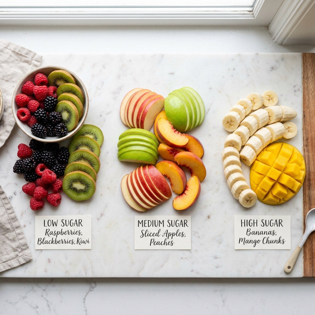 A flat lay of fruits separated into low, medium, and high sugar groups on a marble surface.