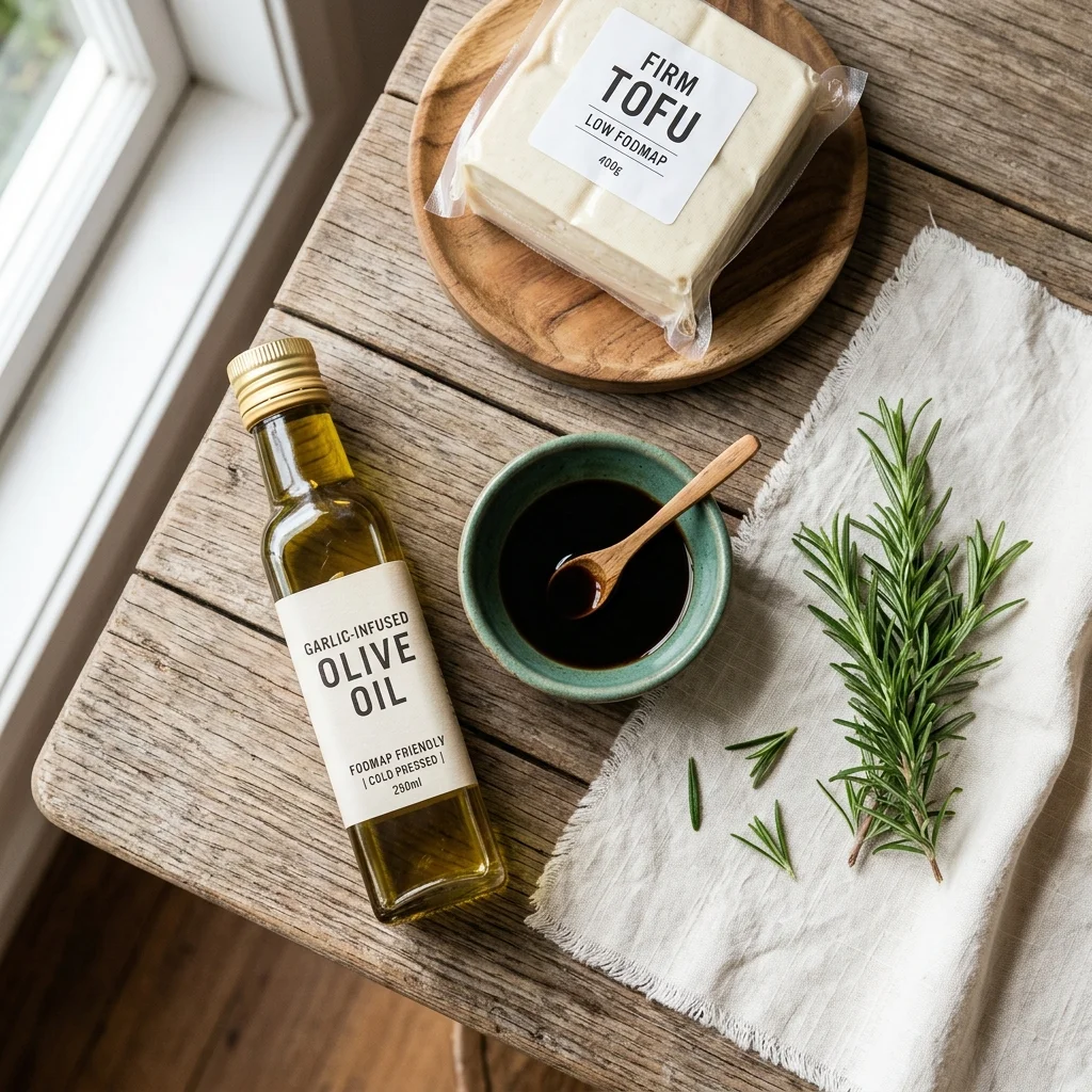 Essential low fodmap pantry staples like garlic infused olive oil and tamari