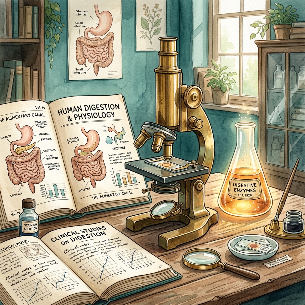 Vintage brass microscope next to medical journals representing clinical evidence