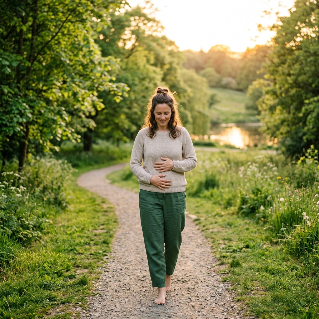 A person doing a gentle, mindful walk outdoors in a beautiful green park, holding their stomach gently, representing digestive relief and nervous system regulation.