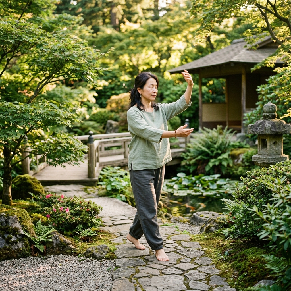A person practicing gentle, mindful walking in a traditional garden, symbolizing the flow of energy.