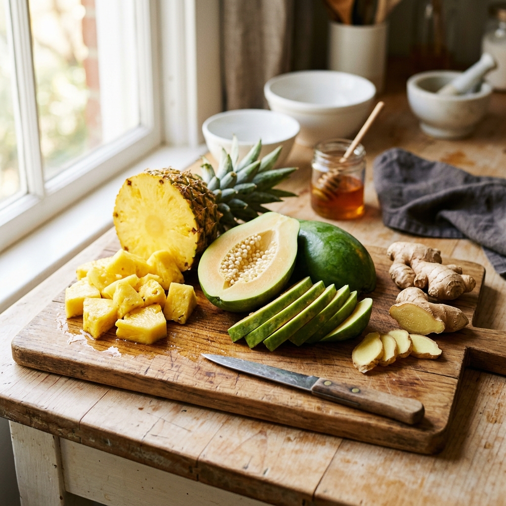 Freshly cut golden pineapple chunks, a sliced green papaya, and fresh ginger root