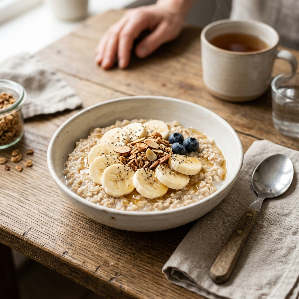 A hearty bowl of cooked oatmeal with bananas, a soluble fiber meal to eat before drinking alcohol.