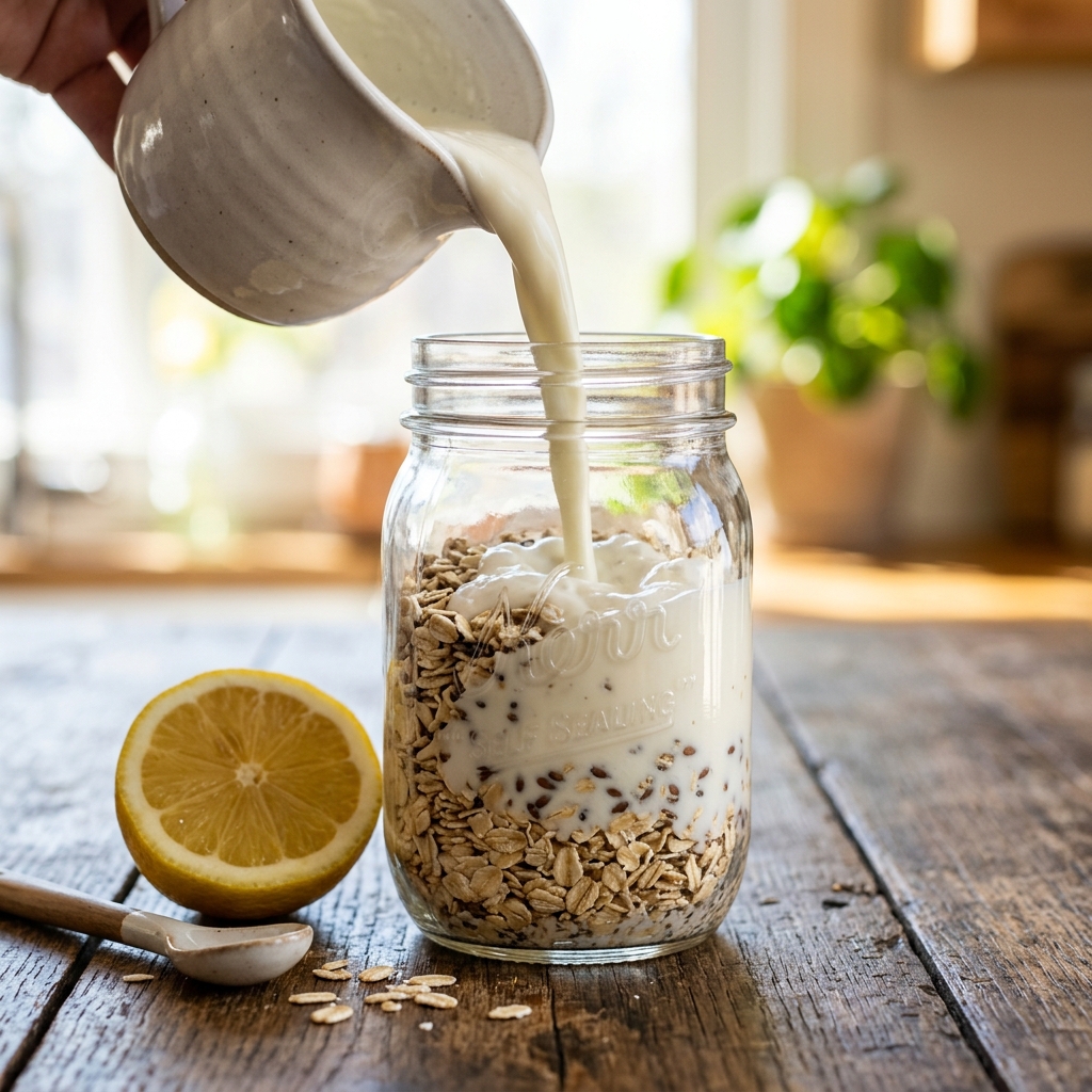 Pouring creamy kefir into a mason jar of raw rolled oats to neutralize phytic acid.