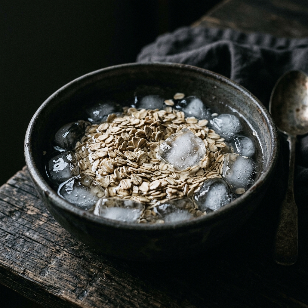Conceptual photograph of raw oats and ice cubes, symbolizing cold and damp digestion in Eastern medicine.