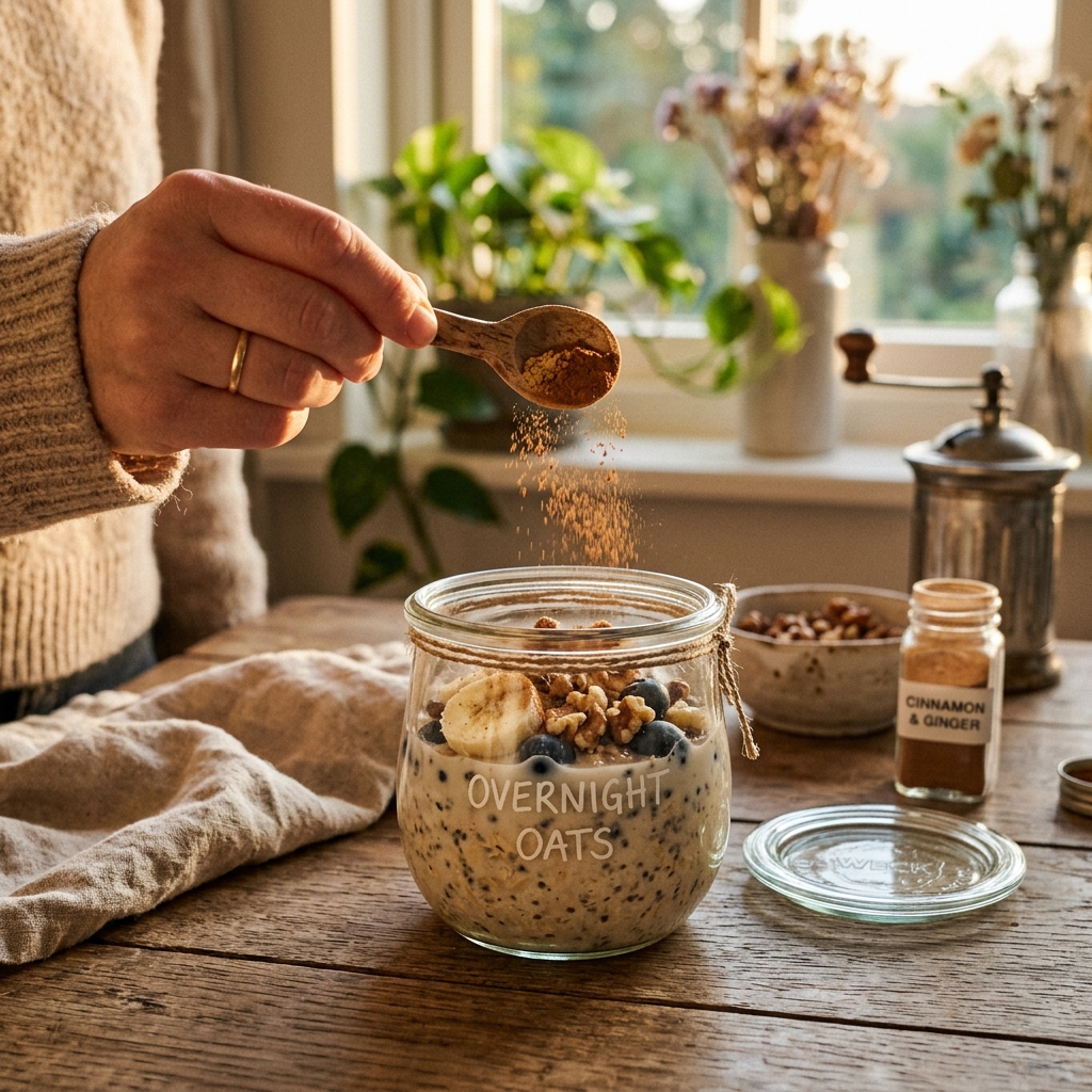 Sprinkling cinnamon and ginger powder onto overnight oats to add metabolic warmth for digestion.
