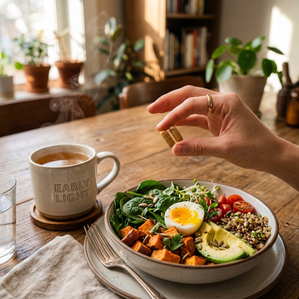 Hand holding supplement capsules right before eating a healthy meal