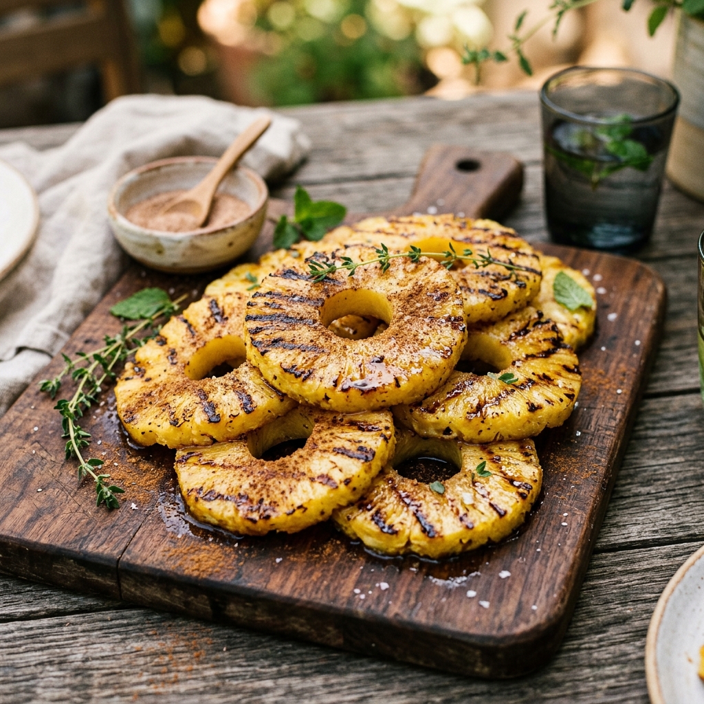 Grilled pineapple slices sprinkled with cinnamon