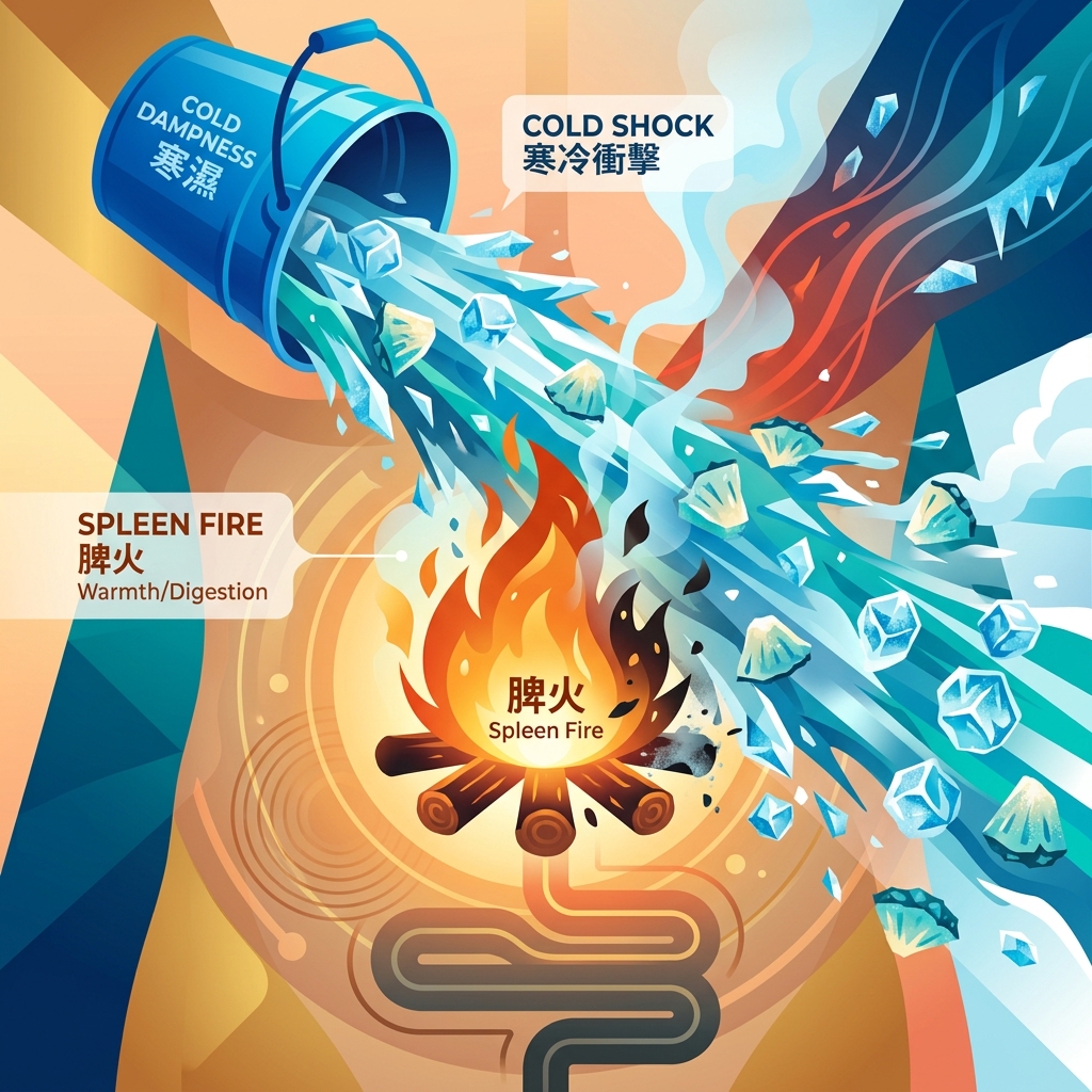 A conceptual illustration representing the Spleen Fire being doused by a bucket of ice water filled with cold pineapple chunks.