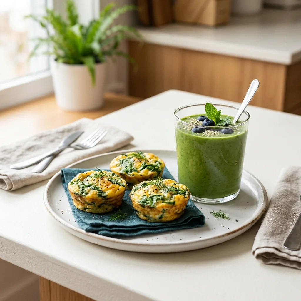 Perfectly plated low FODMAP breakfast with spinach frittata muffins and green smoothie