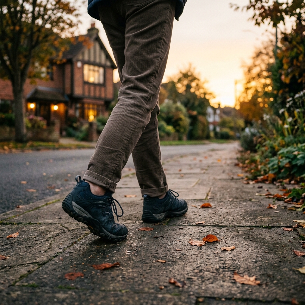 A low angle shot of a person's legs and comfortable walking shoes strolling on a peaceful neighborhood sidewalk at early evening.