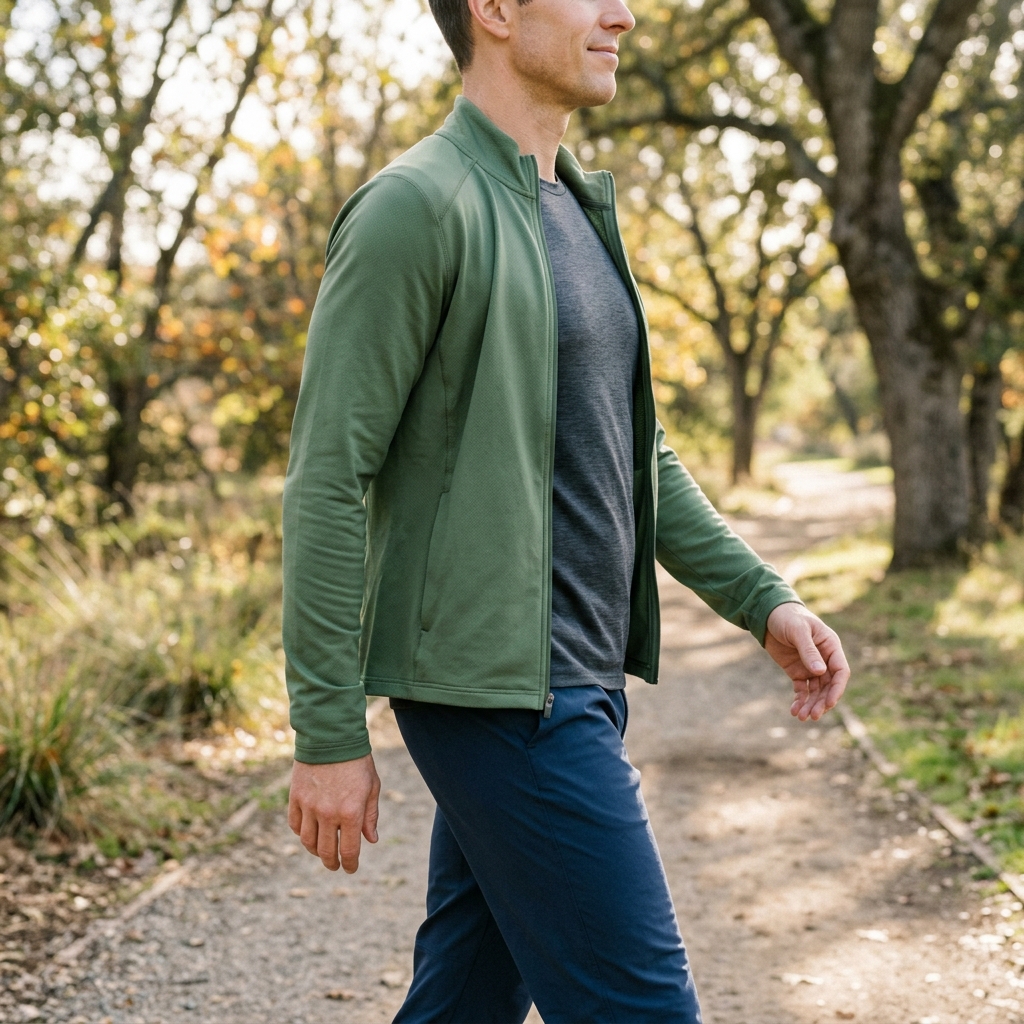 A person walking outdoors with a tall spine, shoulders back, and an open chest.