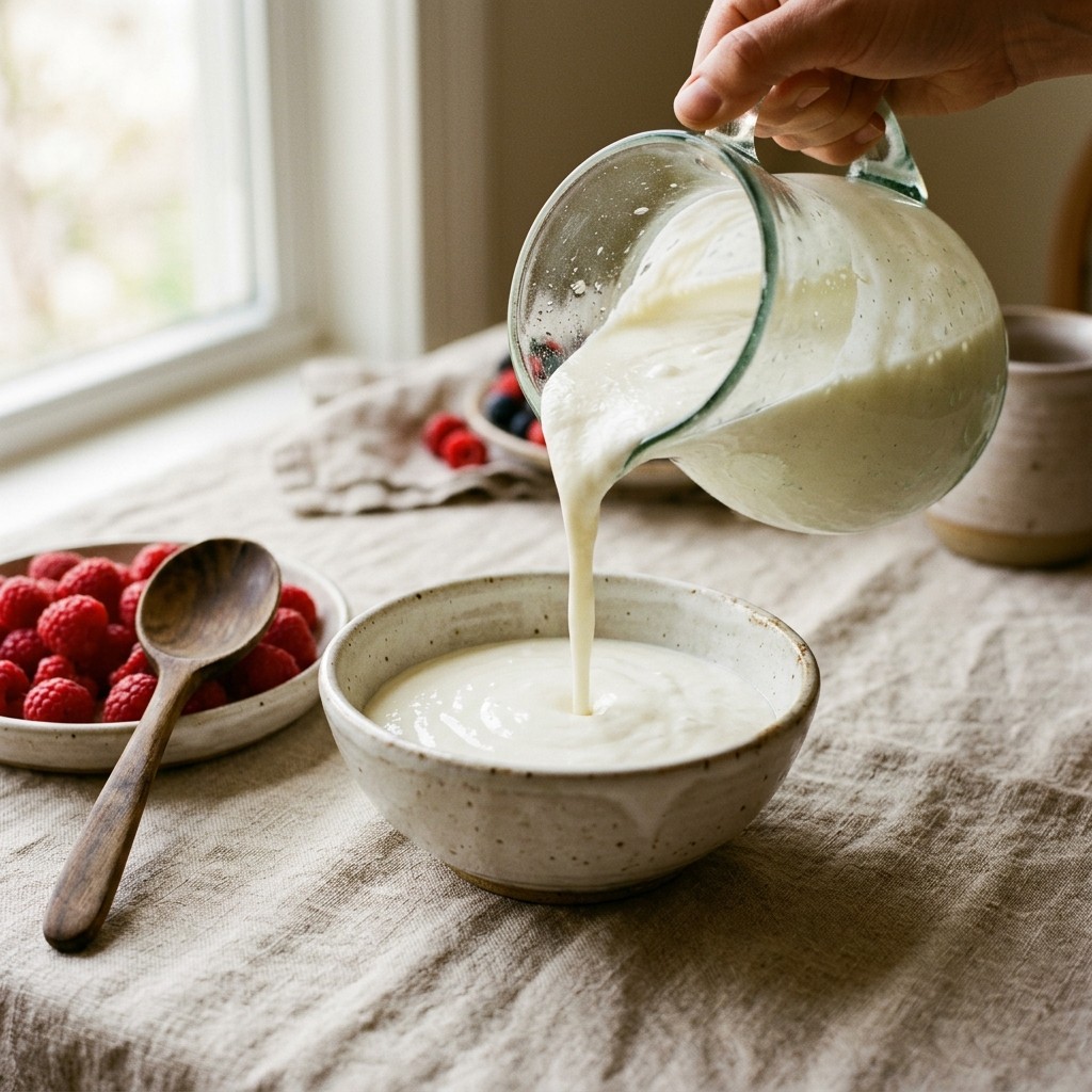 Pouring thick creamy kefir from a glass pitcher into a bowl, representing biodiverse gut healing