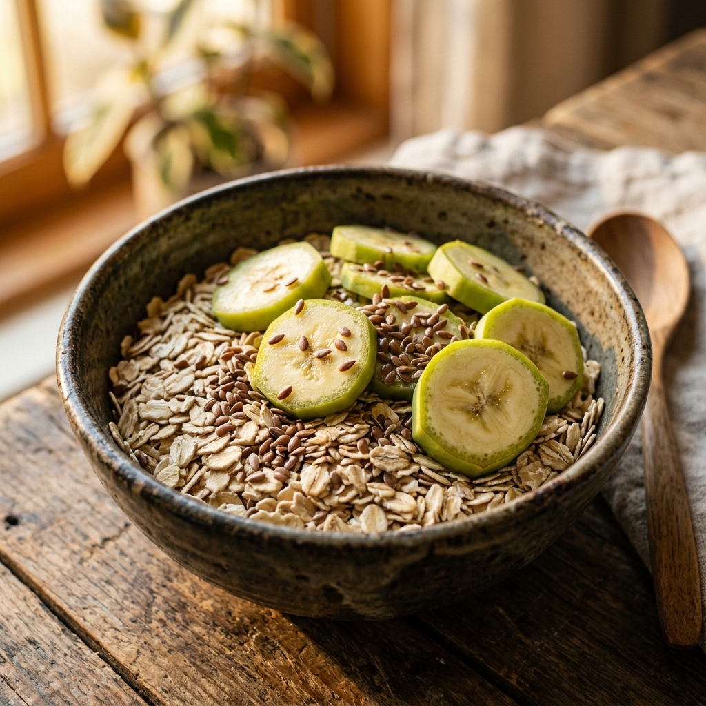 A close up of raw rolled oats and sliced green bananas, representing prebiotic fiber fertilizer.