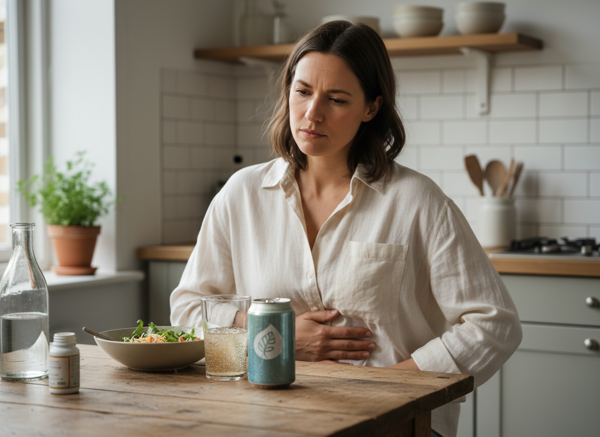 Person feeling bloated after drinking a prebiotic soda