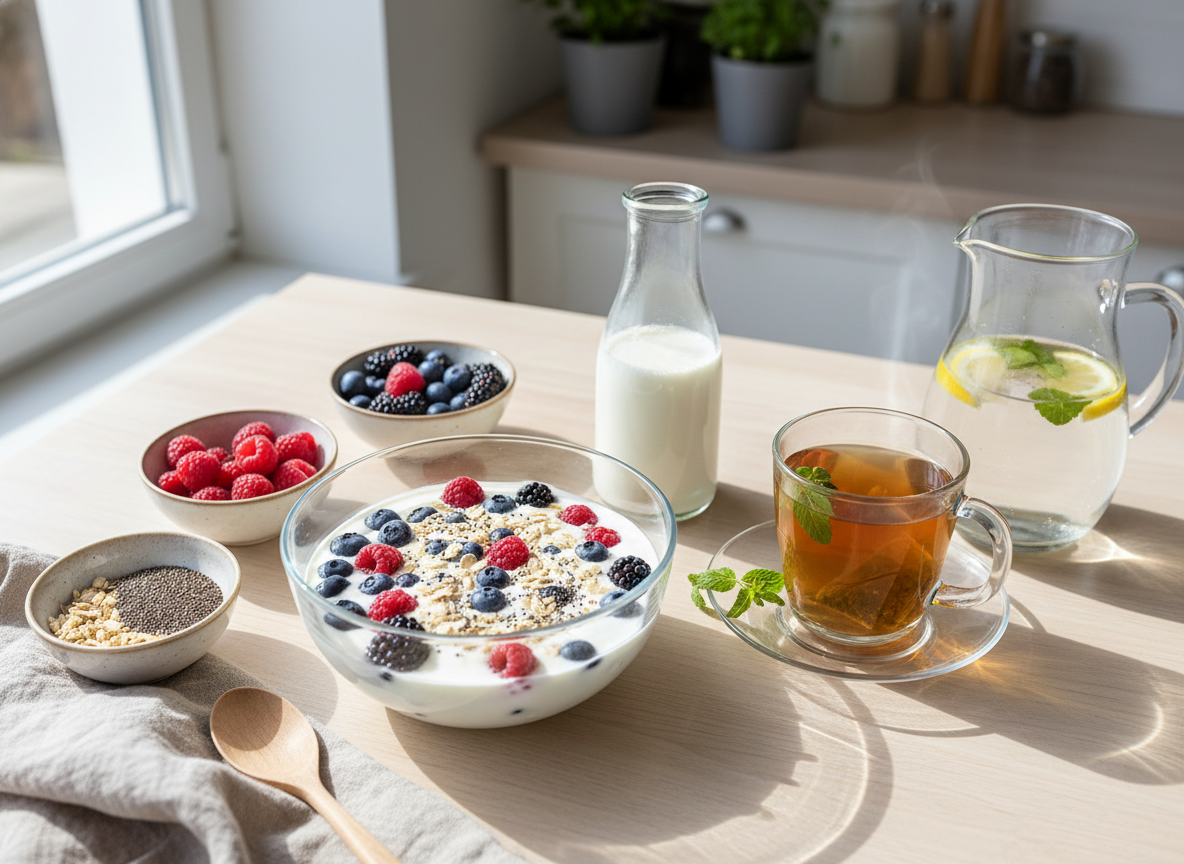 Yogurt, berries, oats, chia, herbal tea, and water as food-first alternatives to prebiotic soda