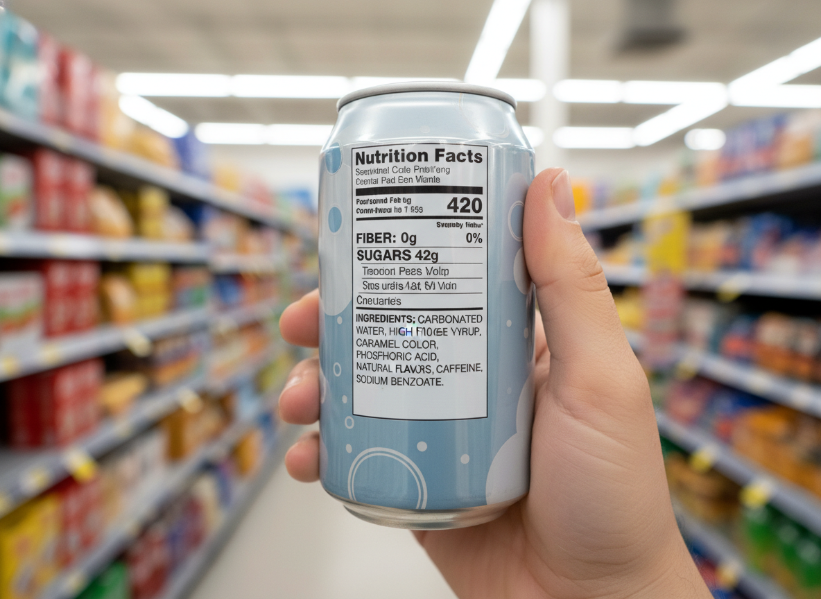 Reading a prebiotic soda label to compare fiber source, sugar, and ingredients
