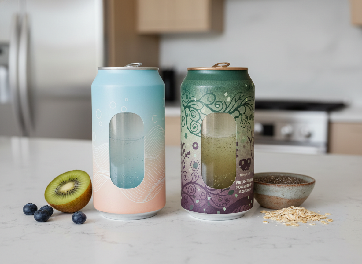 Two generic prebiotic soda cans shown side by side for a neutral functional soda comparison