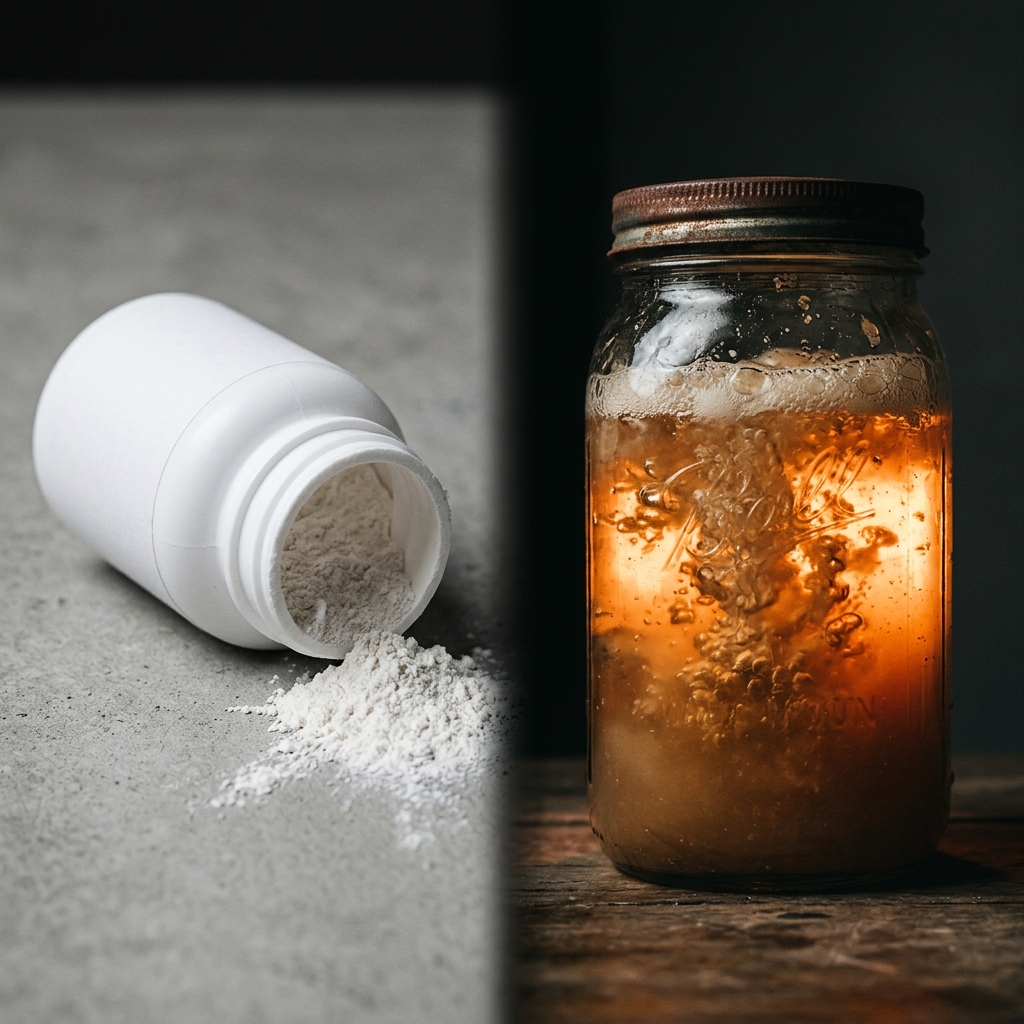 A conceptual split visual showing a sterile pill bottle versus a bubbling, explosive fermentation reaction, symbolizing the die-off effect in the gut.