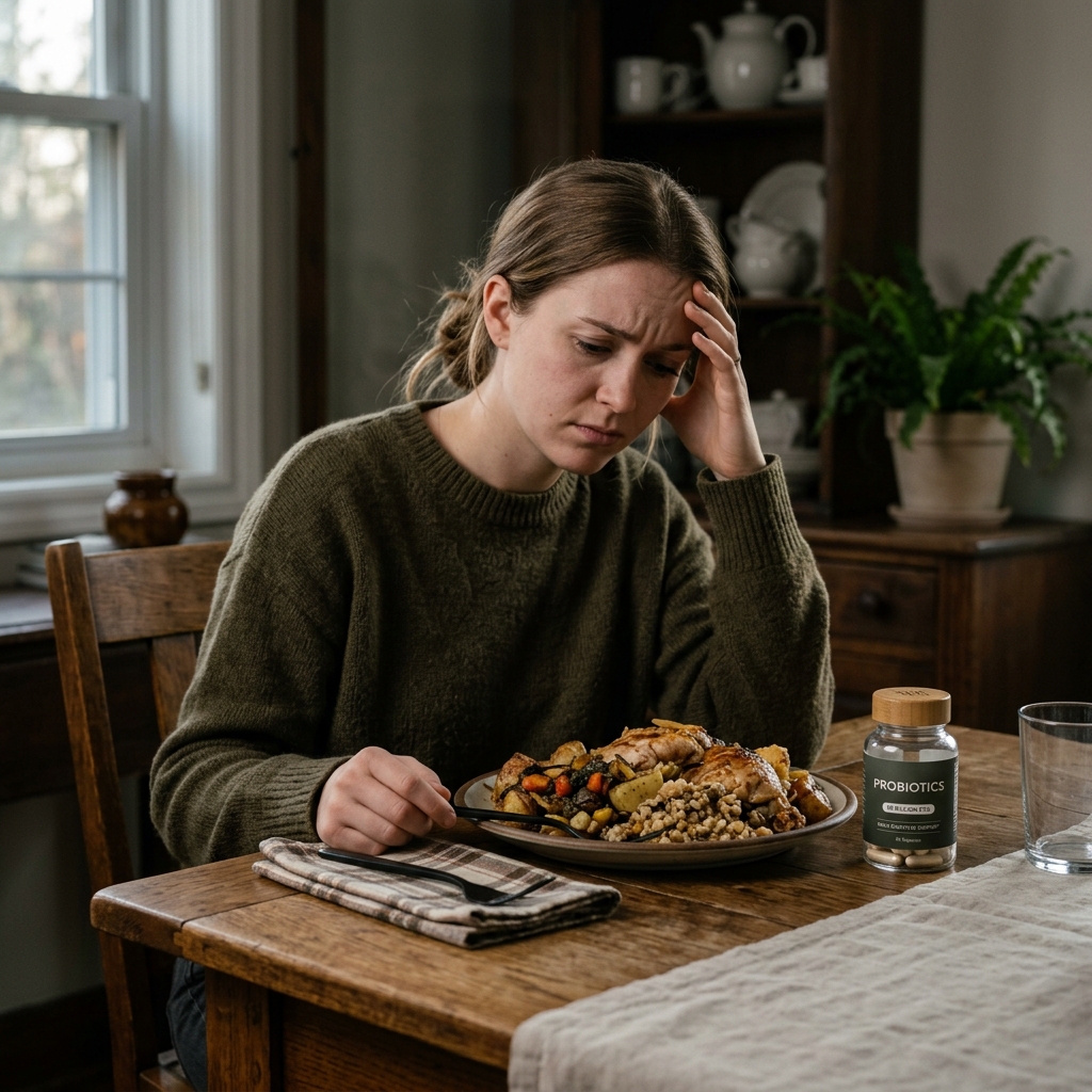 Woman looking frustrated at a heavy meal next to a probiotic bottle