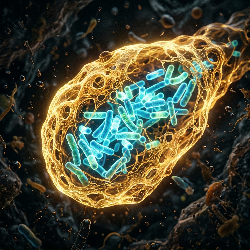 Microscopic illustration showing friendly bacteria wrapped in a radiant, golden protective biofilm shield.