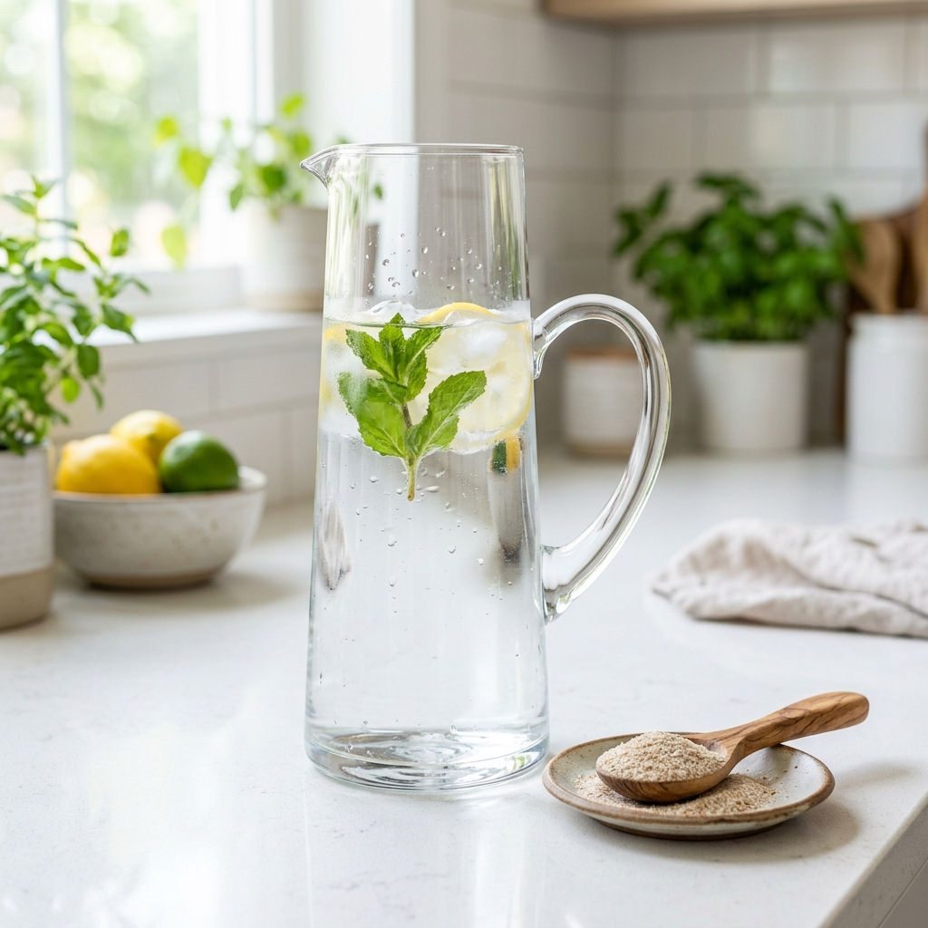A tall crystal pitcher of pure water next to psyllium husk powder, emphasizing the critical need for hydration when consuming fiber.