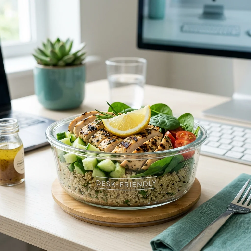 Desk friendly low fodmap quinoa and chicken bowl for work lunch