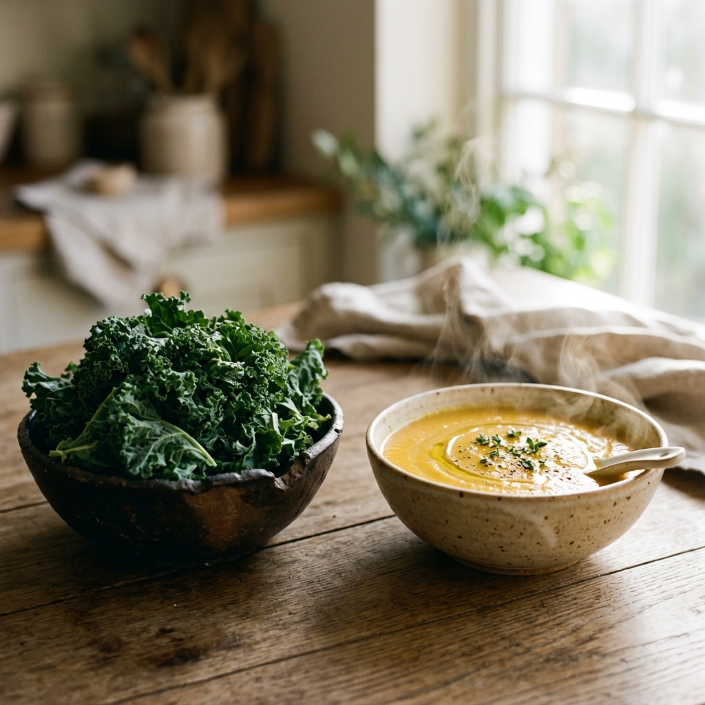 A conceptual shot comparing harsh raw kale to soft, warm, thoroughly cooked vegetable soup.
